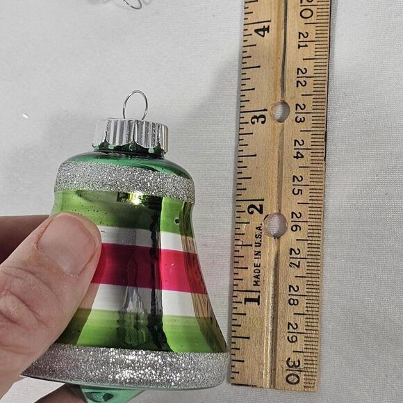 2 Christopher Radko Christmas Ornaments Shiny Brite Bell Stripe Red Green Silver - Picture 7 of 7